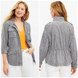 NWT Loft Striped Twill Utility Jacket Linen Cotton Gray White Full Zip Sz S